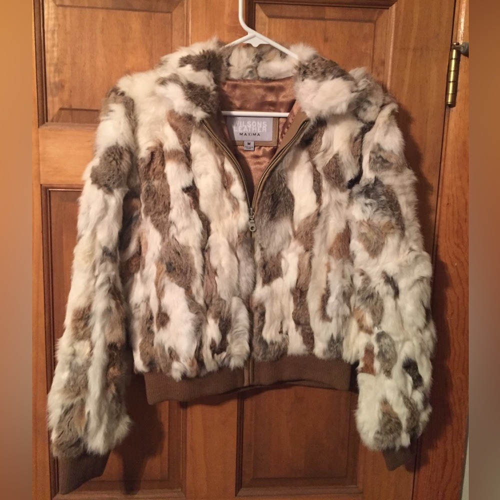 Wilson Leather Maxima Womens Rabbit Fur Mixed Tone Vintage Bomber Jacket.